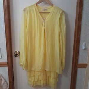 Sofia Made in Italy 100% Silk Yellow Dress w/ Lining Long Sleeves V-Neck Size L